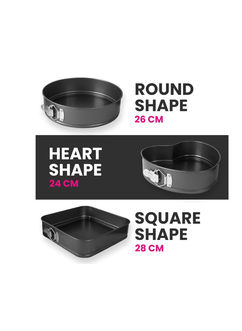 3 Piece Springform Cake Pan Set – Leak-Proof Baking Tins with Removable Bottom – Heart, Round & Square Shape Nonstick Molds – Heavy Duty Carbon Steel Cake Pans for Cheesecake & Baking - Image 3