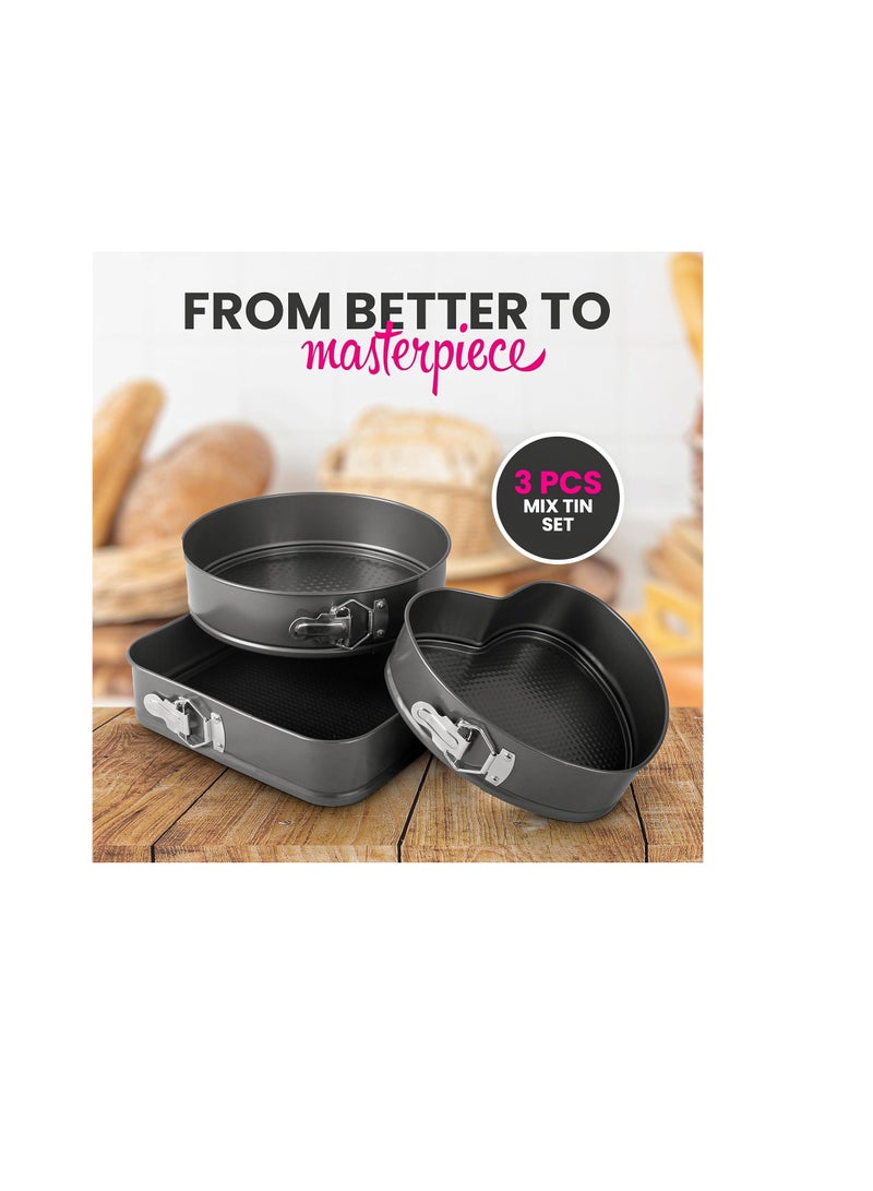 3 Piece Springform Cake Pan Set – Leak-Proof Baking Tins with Removable Bottom – Heart, Round & Square Shape Nonstick Molds – Heavy Duty Carbon Steel Cake Pans for Cheesecake & Baking - Image 2
