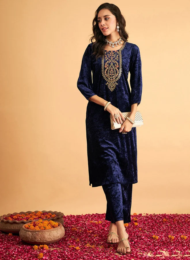 Navy Blue Floral Yoke Design Velvet Kurta for Women