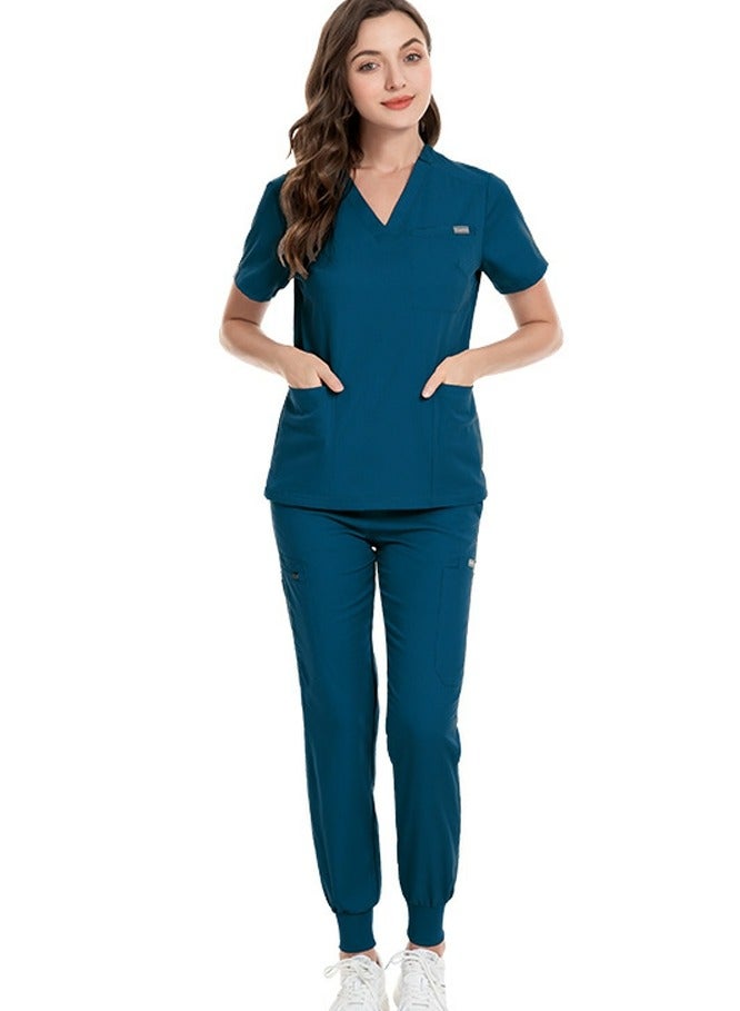 Loquat Medical Uniform Scrubs Set Medical Scrubs Solid Color 2 Piece Set Top and Pants Suit Azure Blue - Image 1