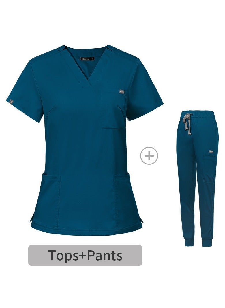 Loquat Medical Uniform Scrubs Set Medical Scrubs Solid Color 2 Piece Set Top and Pants Suit Azure Blue - Image 2