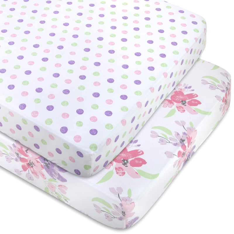 Baby Essentials Standard Microfiber Fitted Crib Sheets for Baby Girl Boy Neutral 2 Pack 28x52 Flowers Polka Dots 