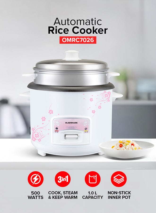 Olsenmark 3 IN 1 Automatic Rice Cooker 500W - OMRC7026, 1.5L Capacity, Cook, Steam and Keep Warm, Aluminum Non-Stick Inner Pot 1.5 L 500 W OMRC7026 WHITE - Image 1