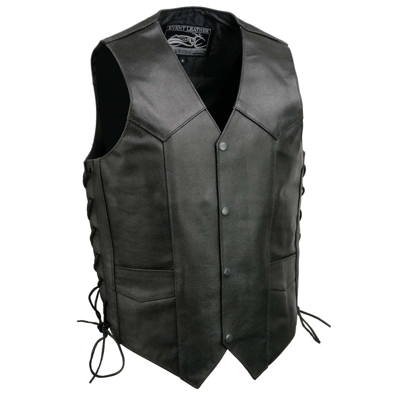 Event Leather EL5315 Black Motorcycle Leather Vest for Men wSide Lace Riding Club Adult Motorcycle Vests Small