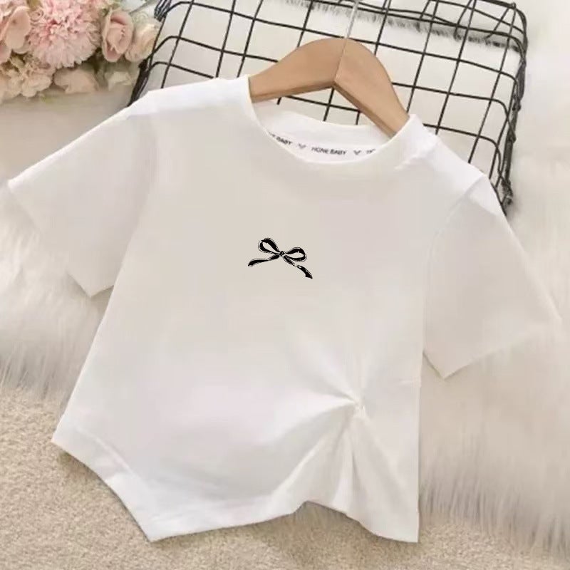 Girls' Short-Sleeved T-Shirt Summer Clothes Irregular Children'S Pleated Top Clothes Middle And Big Children'S Girls Base Shirt - Image 1