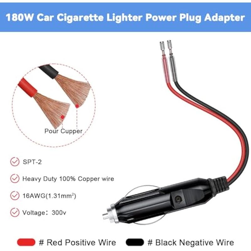 Cigarette Lighter Adapter,Car Cigarette Lighter Male 12v Plug,with Leads & LED Light,16AWG/15A Fuse/1FT/ 2 Pack (1# 1to2) - Image 3