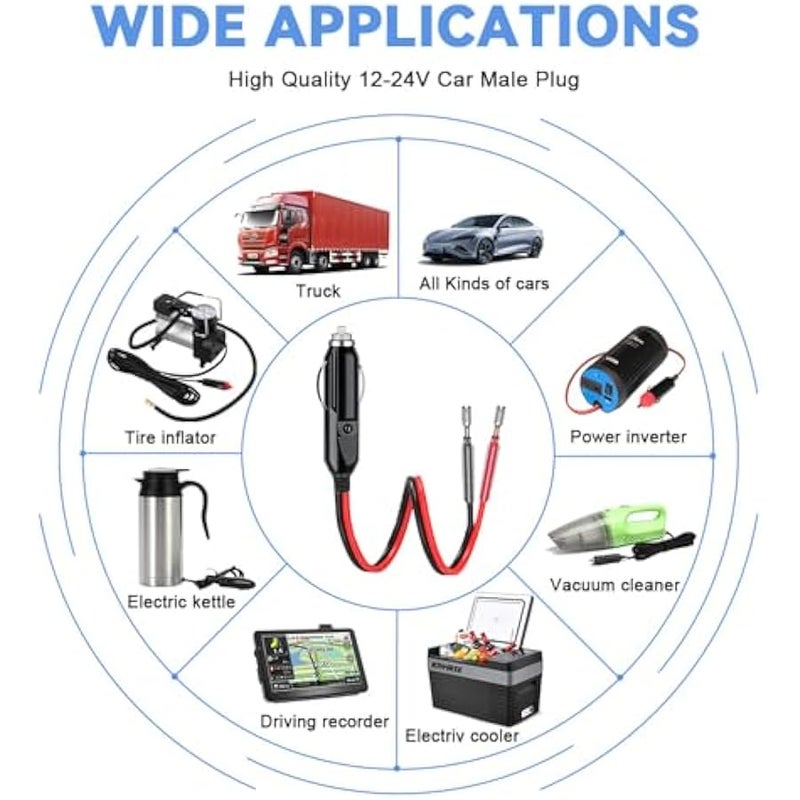 Cigarette Lighter Adapter,Car Cigarette Lighter Male 12v Plug,with Leads & LED Light,16AWG/15A Fuse/1FT/ 2 Pack (1# 1to2) - Image 2