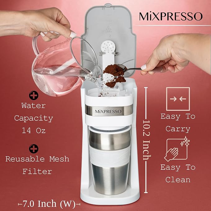 Mixpresso Single Serve & Single Cup Coffee Maker with 14oz Travel Mug White | For ground coffee only, reusable filter, auto shut off. Compact personal drip coffee maker, not compatible with K-Cup pods. - Image 2