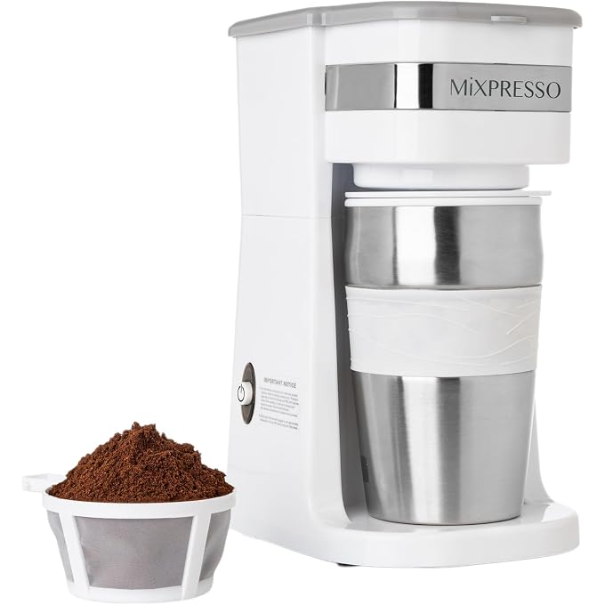 Mixpresso Single Serve & Single Cup Coffee Maker with 14oz Travel Mug White | For ground coffee only, reusable filter, auto shut off. Compact personal drip coffee maker, not compatible with K-Cup pods. - Image 1