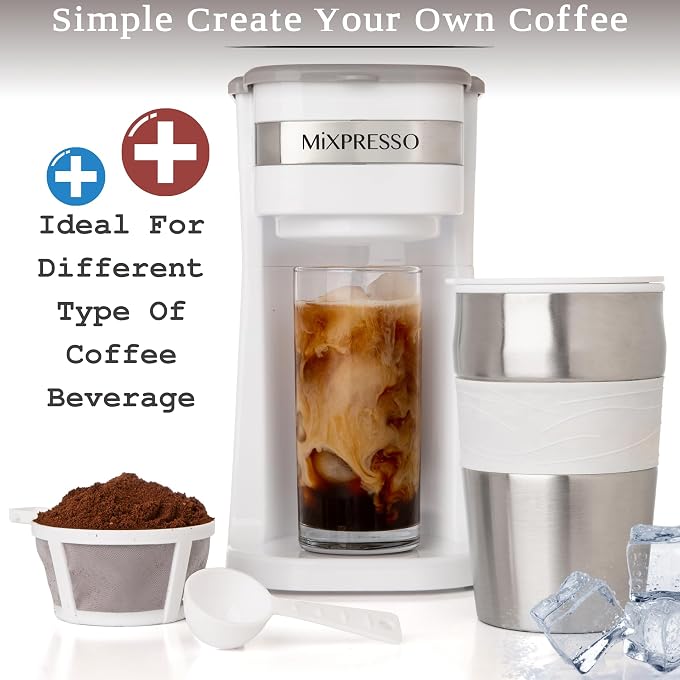 Mixpresso Single Serve & Single Cup Coffee Maker with 14oz Travel Mug White | For ground coffee only, reusable filter, auto shut off. Compact personal drip coffee maker, not compatible with K-Cup pods. - Image 3