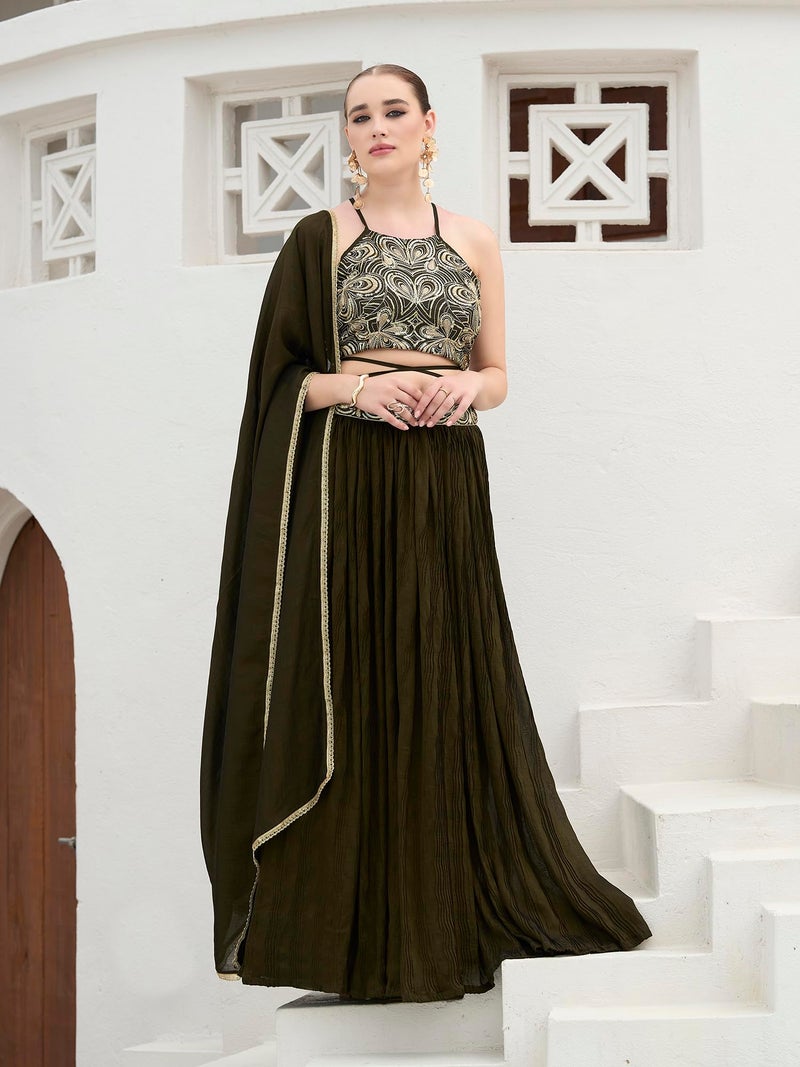 PURVAJA Women's Silk Semi-Stitched Lehenga choli (Yashi-Olive_Free Size) - Image 2