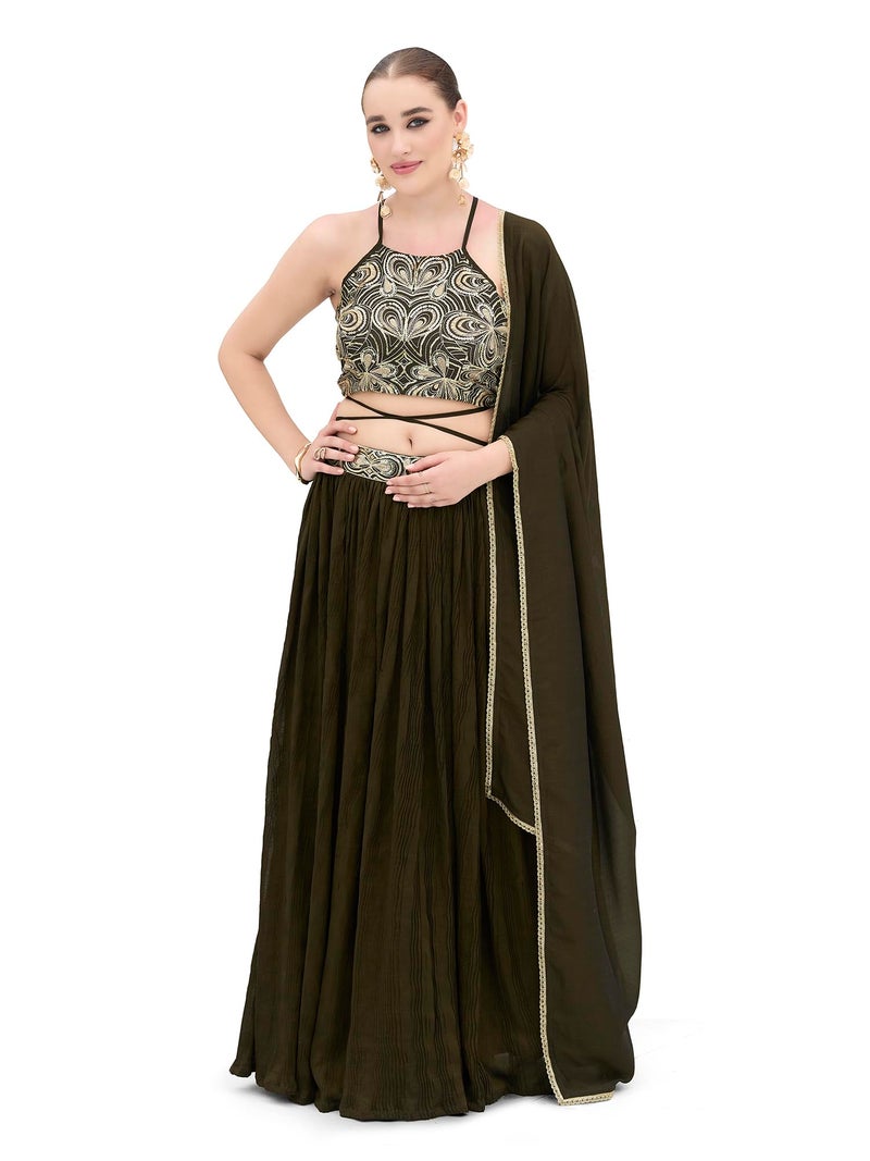PURVAJA Women's Silk Semi-Stitched Lehenga choli (Yashi-Olive_Free Size) - Image 5