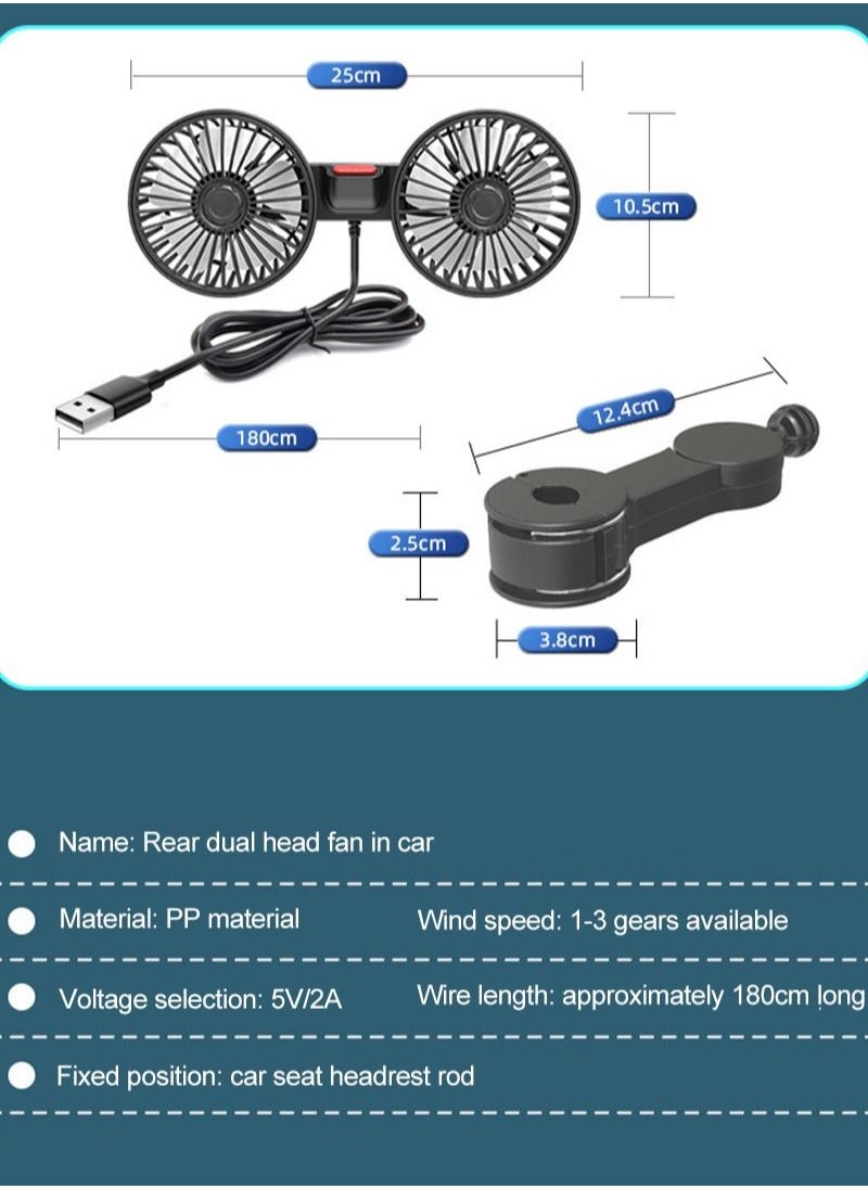 Sharpdo - 3-Speeds Car Fan 360° Adjustable USB Back Row Dual Head  Fan 10W - Image 1