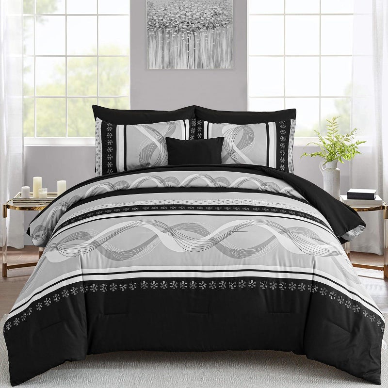 Anibedding Black Comforter Set Queen Size,8 Pieces Boho Bed in a Bag Patchwork Striped Comforter Set, Soft Microfiber Bedding Set for All Season(90"Ã—90") - Image 1