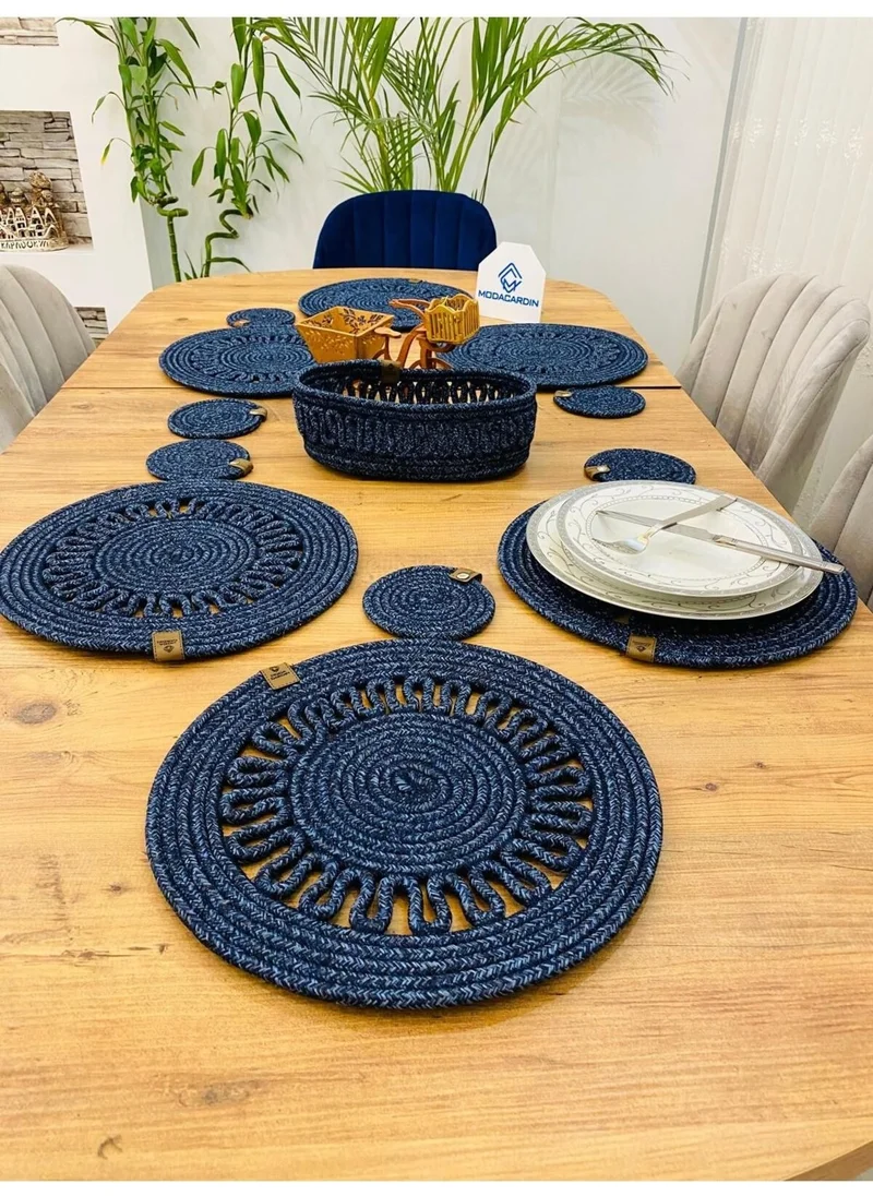BDZ Deri BDZ Leather Jute Wicker American Service Plate Coaster and Basket 13 Pieces
