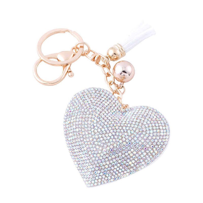 Glitter Love Heart Keychain Premium SS6 Crystal Tassel Key Chain Leather Bag Charm for Women Girls (AB Color)