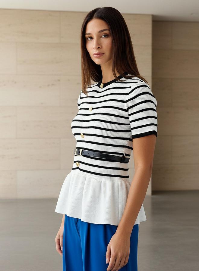 2Xtremz Striped Crew Neck Peplum Top With Belt - Image 1