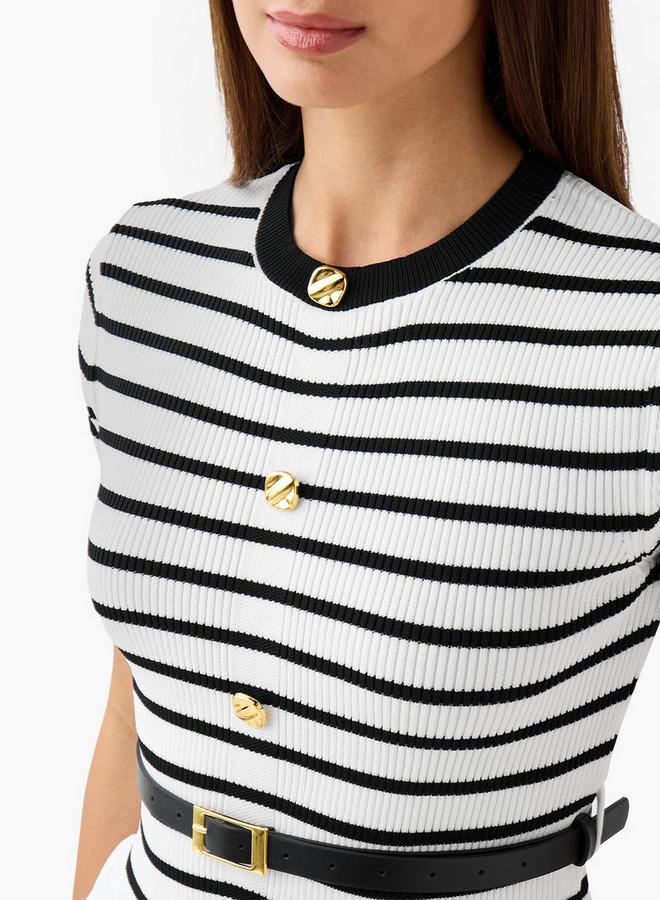 2Xtremz Striped Crew Neck Peplum Top With Belt - Image 5