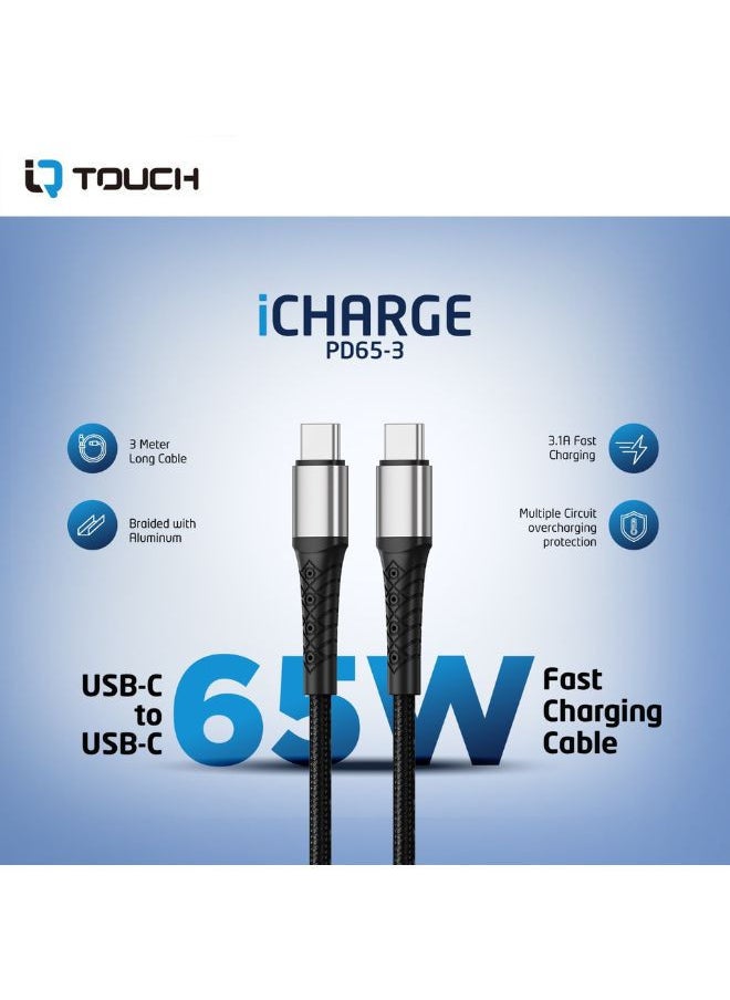 IQ TOUCH IQ TOUCH USB-C to USB-C Fast Charging Cable – 3M | 65W Power Delivery, Charge & Sync, 480Mbps Transfer, Durable Build, Overcharge Protection, Black, ICHARGE-PD65-3  - Image 3