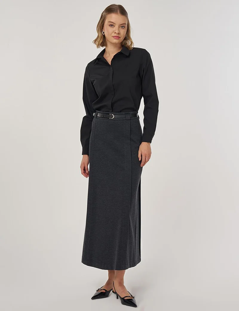 Kayra Belt Detail Pencil Skirt in Smoke