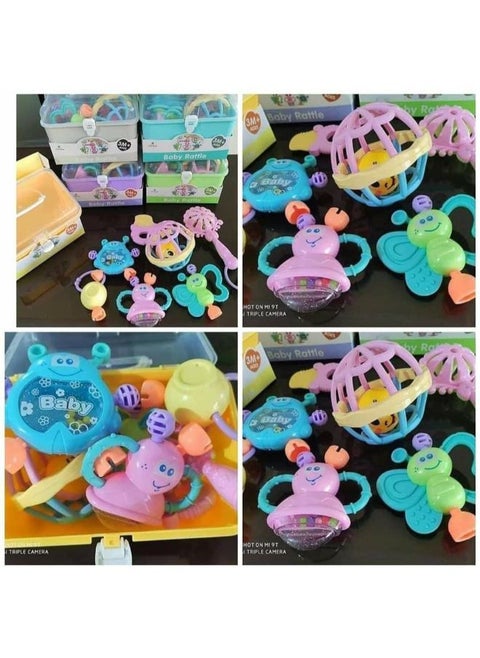 A box of rattles (shackles and silicone teethers) for children