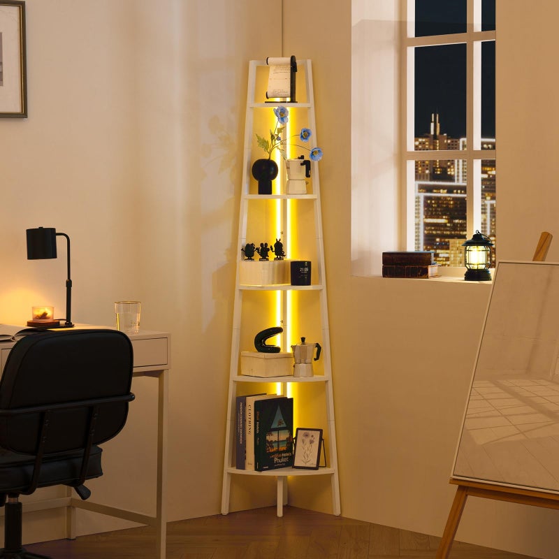 Yoobure Yoobure Corner Shelf Stand 5Tier Bookshelf with LED Lights  Steel Frame Tall Storage Shelves for Living Room Bedroom Office MultiPurpose Display Bookcase