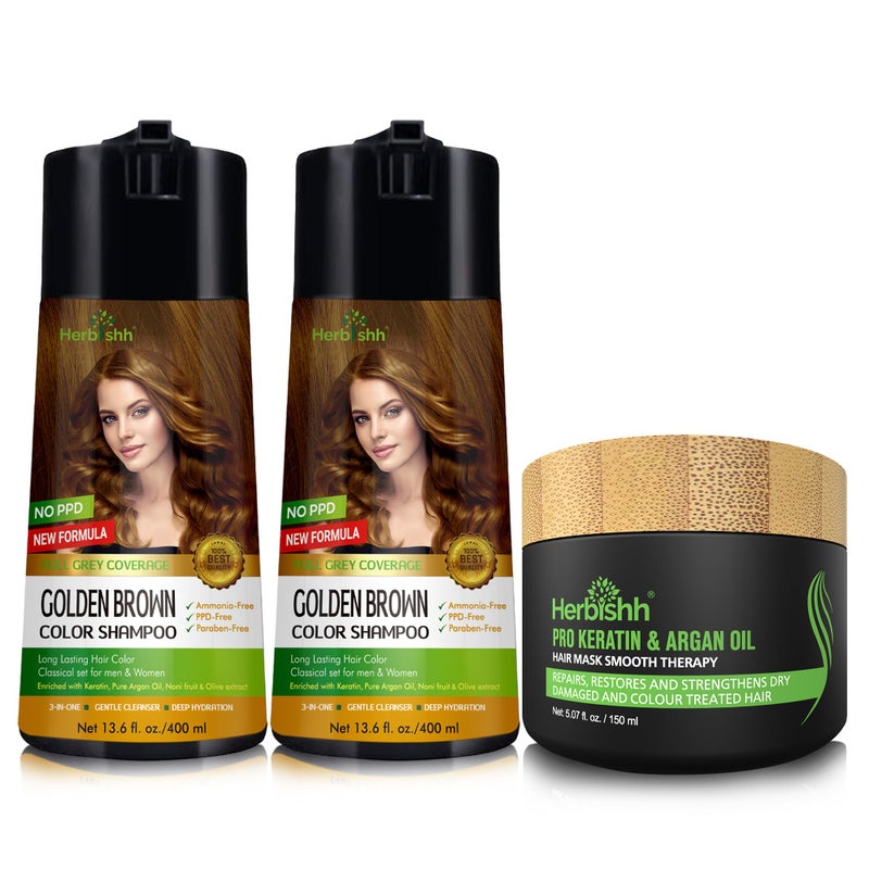 Herbishh Hair Color Dye Shampoo Pack of 2 and Argan Hair Mask 150 ML Golden Brown - Image 2