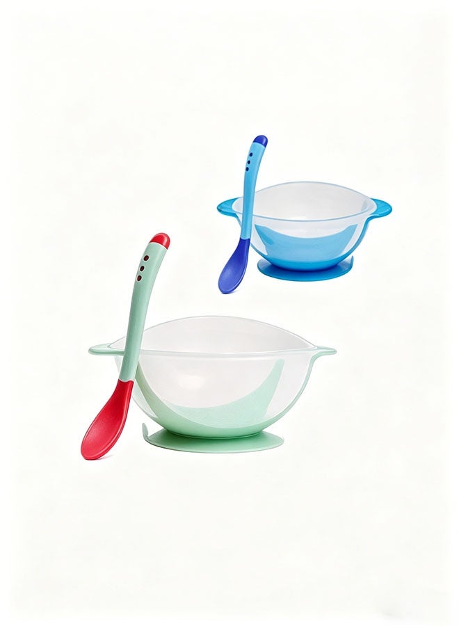 Baby Bowls with Suction Base, Spill-Proof Lid, Temperature-Sensing Spoon, Binaural Design Bowl for Babies Kids children Toddlers, First Stage Self Feeding (Pack of 2)