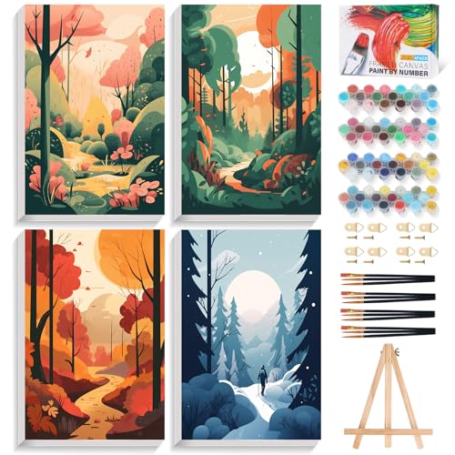 Offito 4 Pack Framed Paint by Numbers Kit for Adults Beginners with Wooden Easel, Four Seasons Easy Paint by Number Kit with Frame, Watercolor Adult Paint by Number Framed Canvas (8 * 12 Inch) - Image 1