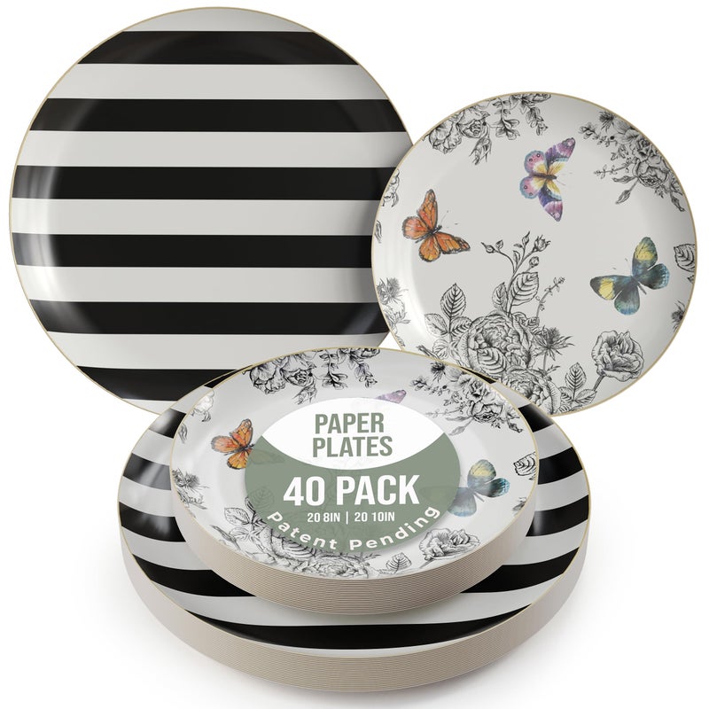 Trendables Floral Paper Plates 8.5 Inch & 10.5 Inch 40 Pcs Dinner Plate Set Fancy Disposable Plates for Party for 20 Guests 20 X 8 & 20 X 10 Large & Small Paper Plate Set for Parties Monarch - Image 1