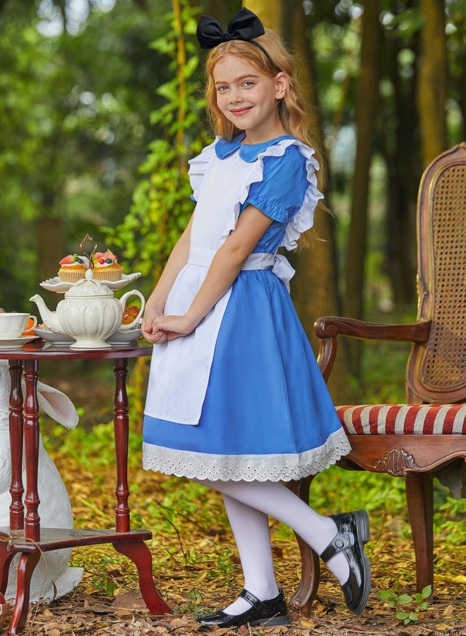 BesserBay Girls Blue White Halloween Dress Aliec with Puff Sleeves Lace Hem Matching Headband and White Socks 3-Piece Set 10 Years - Image 3
