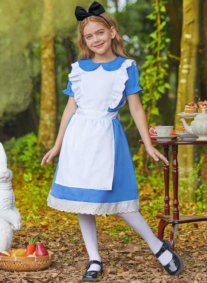 BesserBay Girls Blue White Halloween Dress Aliec with Puff Sleeves Lace Hem Matching Headband and White Socks 3-Piece Set 10 Years - Image 2
