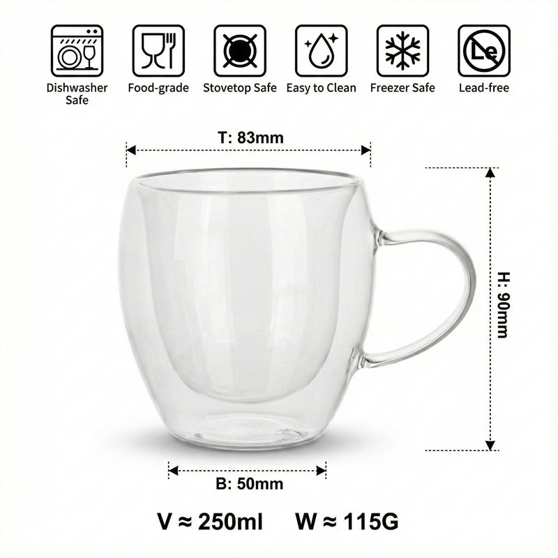 كويزين أرت طقم أكواب زجاجية مزدوجة الجدار من زجاج البوروسيليكات من كويزين آرت، سعة 250 مل، مع مقبض | أكواب شاي وقهوة شفافة مقاومة للحرارة | زجاج معزول وآمن للاستخدام في الميكروويف وغسالة الصحون - Image 5