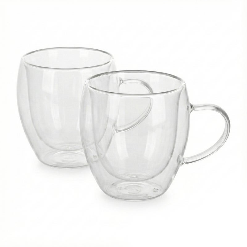 كويزين أرت طقم أكواب زجاجية مزدوجة الجدار من زجاج البوروسيليكات من كويزين آرت، سعة 250 مل، مع مقبض | أكواب شاي وقهوة شفافة مقاومة للحرارة | زجاج معزول وآمن للاستخدام في الميكروويف وغسالة الصحون - Image 1