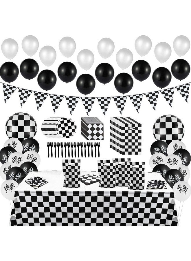 BeYumi 127Pack Race Car Checkered Party Supplies Decoration Kit, Including Banner Pennant Balloons Tablecloth Tableware Goodies Gift Bags, Black And White Party Decorations Pack, Serves 20 Guests - Image 1