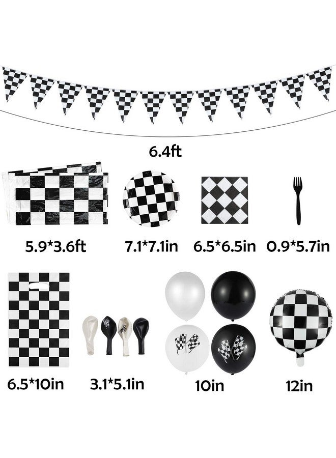 BeYumi 127Pack Race Car Checkered Party Supplies Decoration Kit, Including Banner Pennant Balloons Tablecloth Tableware Goodies Gift Bags, Black And White Party Decorations Pack, Serves 20 Guests - Image 3