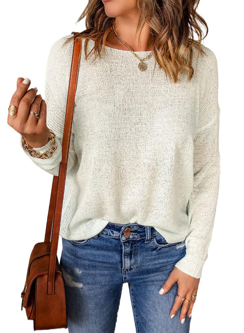 Acelitt Womens Casual Summer Long Sleeve Crew Neck Lightweight Oversized Fashion 2025 Crochet Knit Pullover Sweater White Small - Image 1