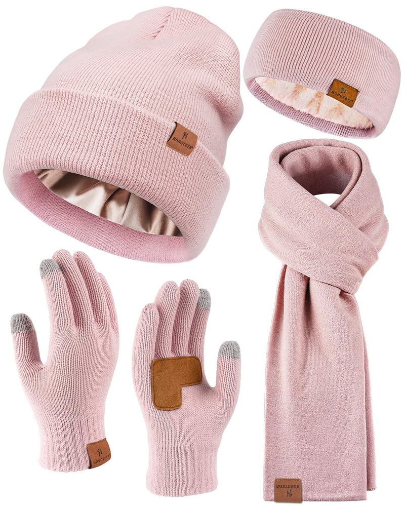 HONGTEYA Womens Winter Warm Beanie Hats Gloves Scarf Headband Set for Women Soft Fleece Lined Ear Warmer Knit Scarf Touch Screen Gloves 4 Set Winter Gifts - Image 1