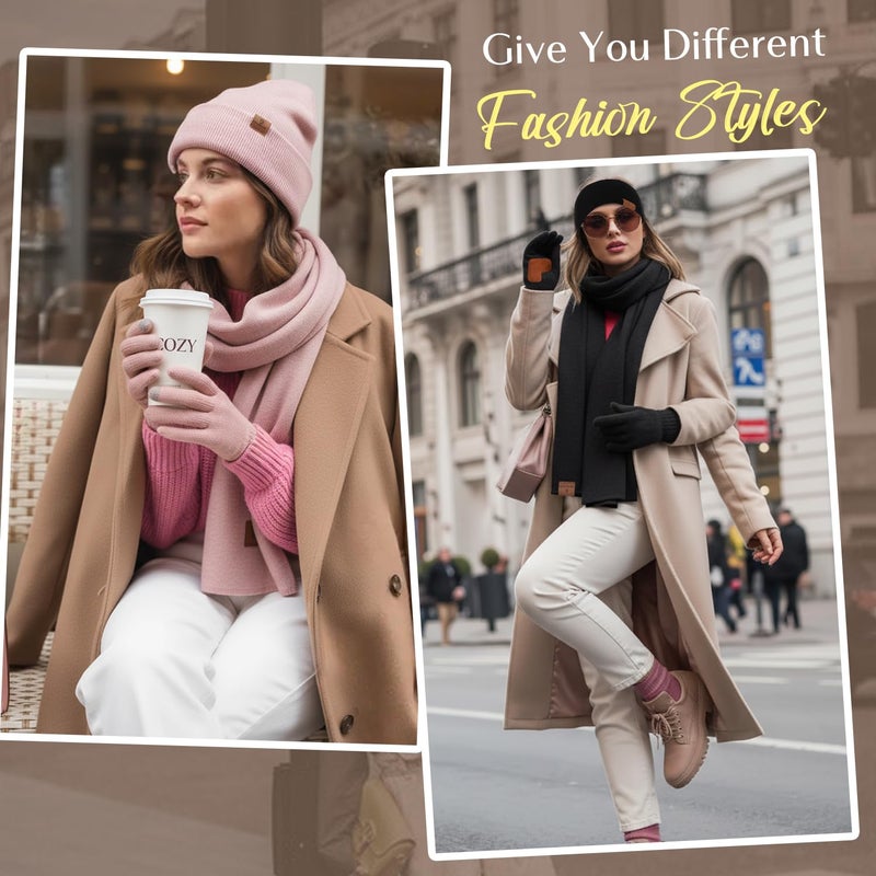 HONGTEYA Womens Winter Warm Beanie Hats Gloves Scarf Headband Set for Women Soft Fleece Lined Ear Warmer Knit Scarf Touch Screen Gloves 4 Set Winter Gifts - Image 3