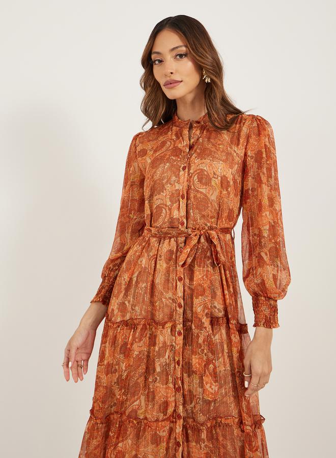 Styli Paisley Printed Tiered Shirt Maxi Dress  - Image 3