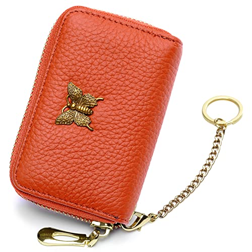 imeetu RFID Credit Card Holder for Women Genuine Leather Card Case Wallet with Zipper and Removable Keychain (Orange) - Image 1