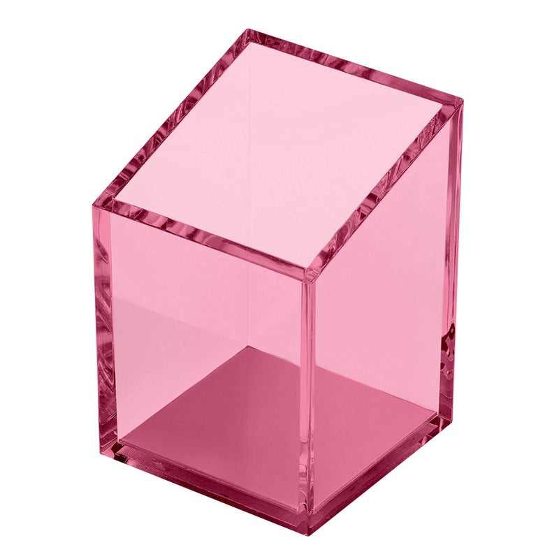 OfficeGoods Acrylic Pen Pencil Holder Modern Trapezoid Design Beautiful Desk Organizer for Home or Office Contrasting Metal Base 3 Square w 35 Front 45 Back Pink