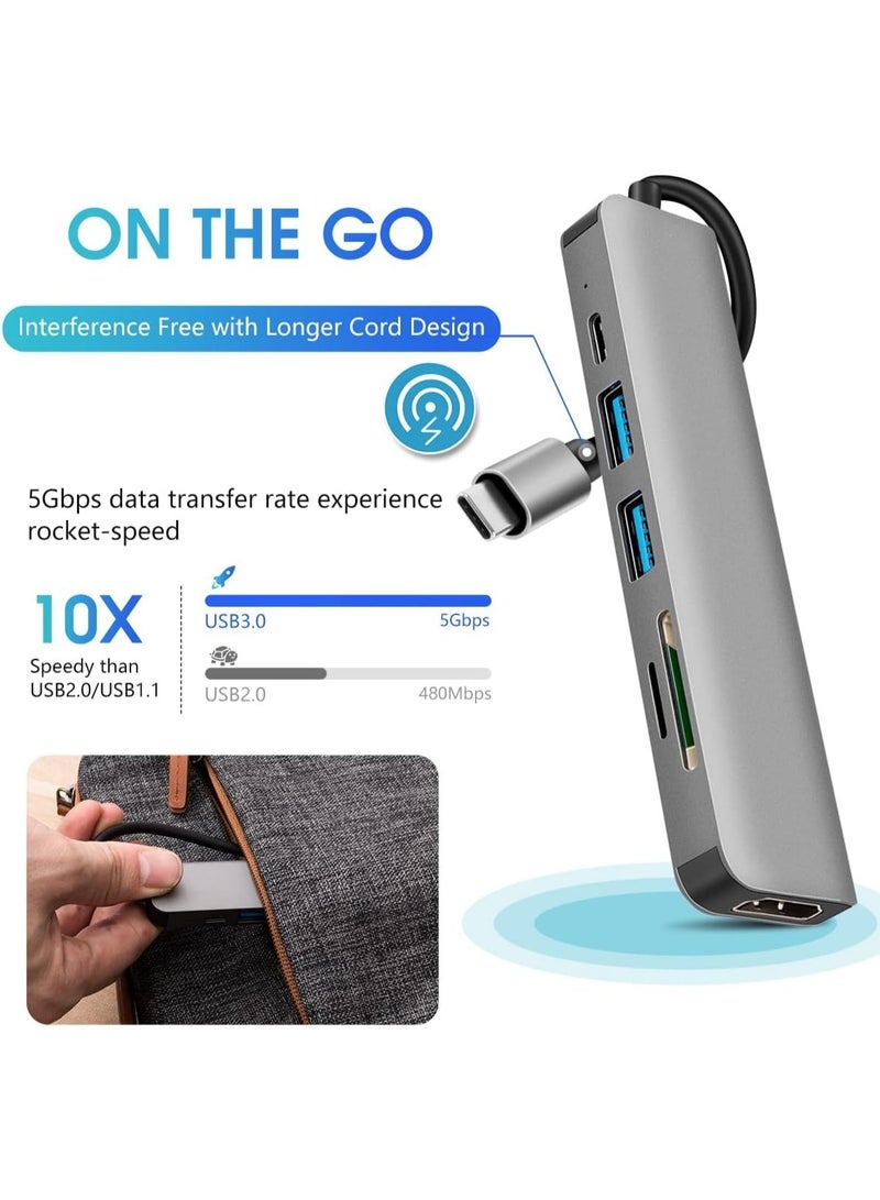 كازا موزع USB-C مع محول HDMI، موزع USB-C متعدد المنافذ 6 في 1 مع قارئ بطاقات SD/TF بدقة 4K HDMI | شحن سريع 100 واط، منافذ USB 3.0 وUSB 2.0، محول USB-C لأجهزة MacBook Pro/MacBook Air/XPS وغيرها - Image 2