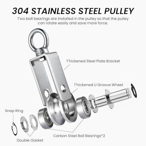 Serplex® Cable Pulley Wheel 304 Stainless Steel Hoisting Pulley Wheel Smooth Bearing Cable Pulley Wheel with Loop 551lbs High Loading Capacity Hoisting Pulley Wheel for Lifting Mechanism, DIY Crafts - Image 4