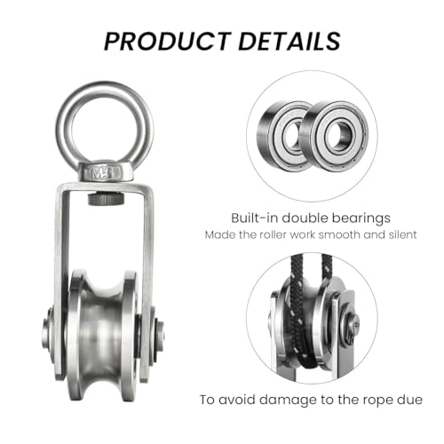 Serplex® Cable Pulley Wheel 304 Stainless Steel Hoisting Pulley Wheel Smooth Bearing Cable Pulley Wheel with Loop 551lbs High Loading Capacity Hoisting Pulley Wheel for Lifting Mechanism, DIY Crafts - Image 5