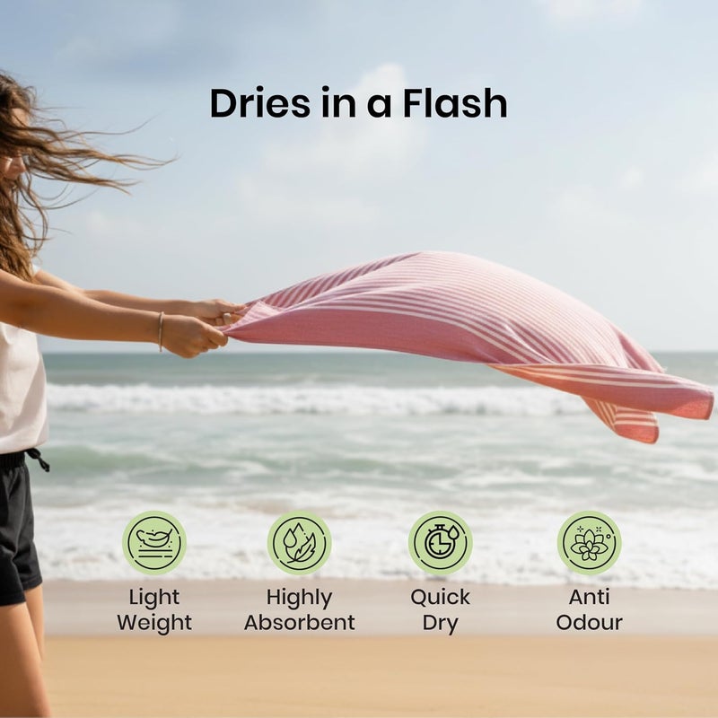 Mush Grab & Go Bamboo Travel Towel | 100% Bamboo Bath Towel for Beach, Hiking & Gym Towel for Men Workout | Compact Towels with Travel Bag | 60x120 cms, 250GSM Quick Dry & Featherlight | Red Stripes - Image 2