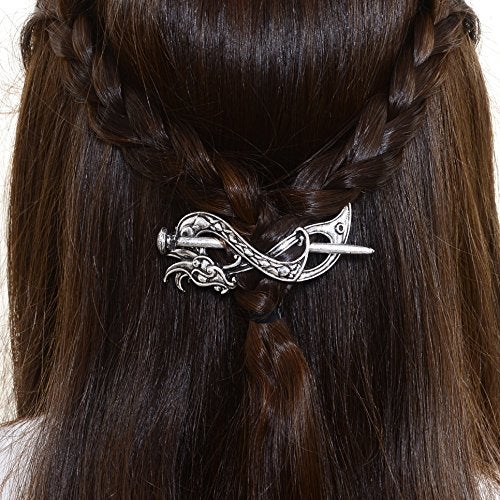 LQQQL Norse Celtic Wedding Hair Accessories-Viking Antique Silver Dragon Hair Sticks Hairpin Viking Hair Slide Hairpins Men Clips Hair Jewelry Gifts Celtics Knot Hair Barrette for Women(F-B) - Image 3