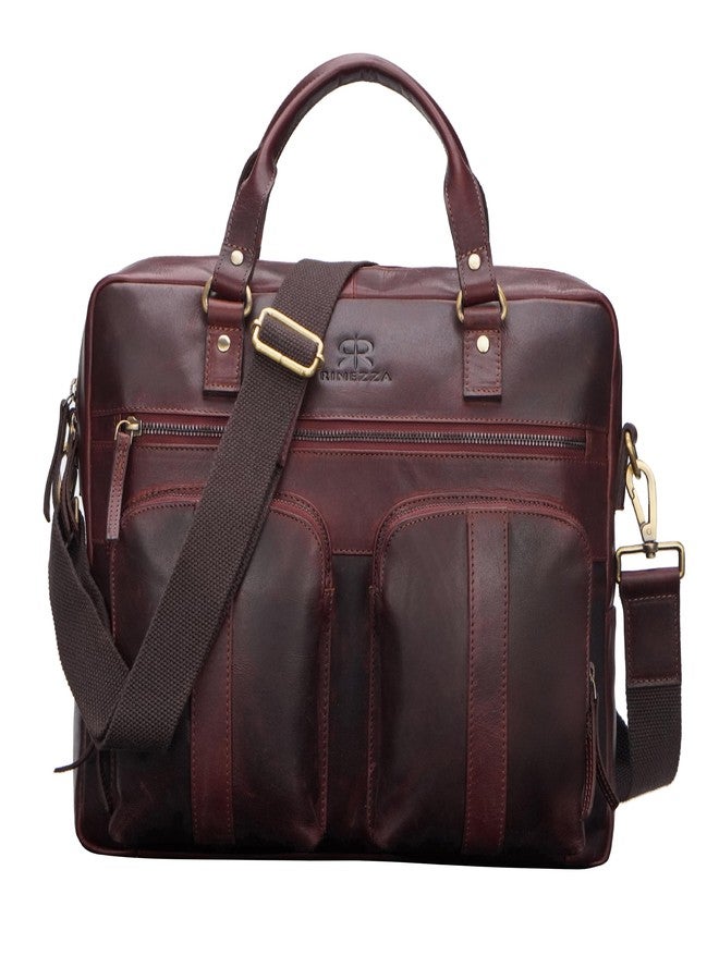 RINEZZA Genuine Leather Laptop Messenger Bag for Men,Brown Oil Pull Up, Multiple Pockets, Adjustable Shoulder Strap - Image 1