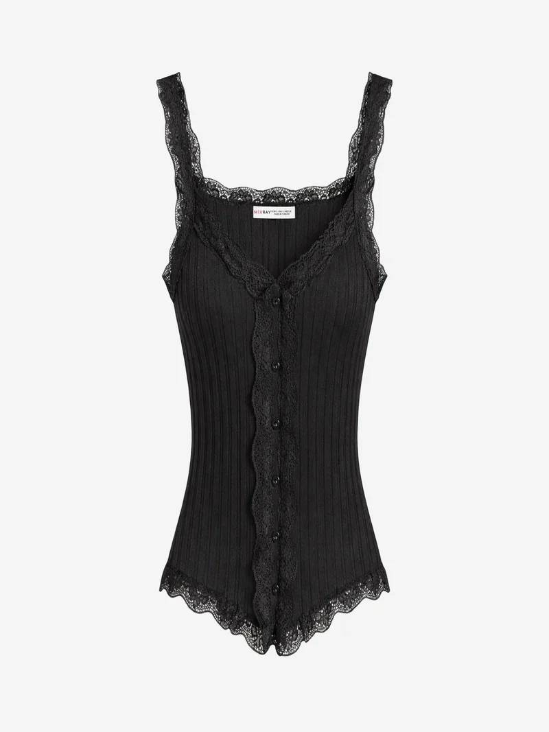 ميكسراي MIXRAY Fitted sleeveless lace ribbed blouse with buttons