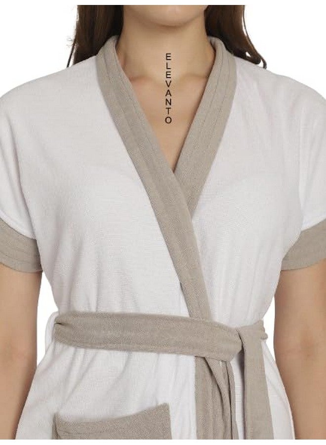 ELEVANTO Bathrobes for Women & Bathrobes for Girls: Everyday Terry Unisex Collection with Kimono Collar, Half Sleeve, 1 Pocket | Soft & Lightweight Comfort bath robe (WHITE-GREY) - Image 5